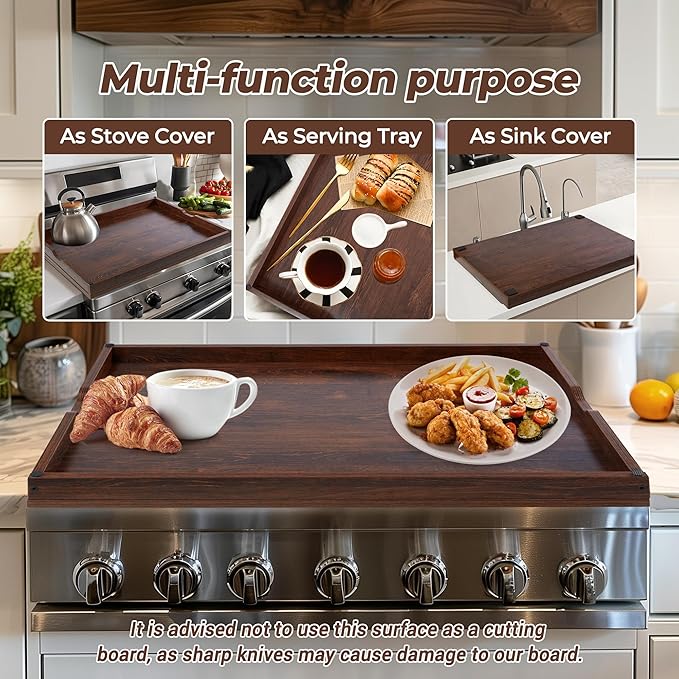 WOLKI 30" Noodle Board Stove Top Cover For Gas & Electric Stoves, Walnut | Heavy-Duty Wooden Stove Cover (30"L x 22"W x 2.4"Th) With Handles For RV Stoves, Serving Tray & Space Saver