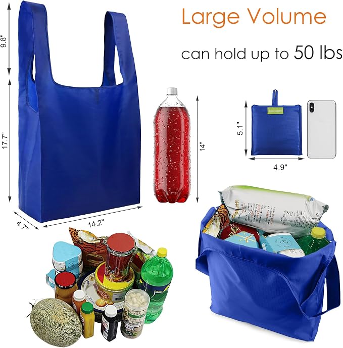 BeeGreen Reusable Grocery Bags Blue Kitchen Bags Bulk Foldable-Machine Washable with Zipper Storage Pouch 50 Packs