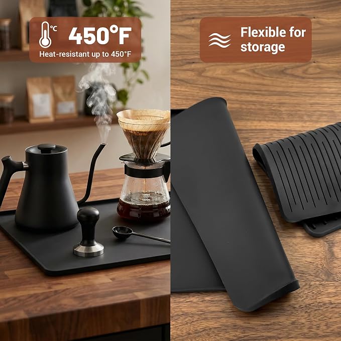 16×16-inch Barista-Grade Coffee Station Mat: Catch Spills, Protect Countertops! Silicone, Water Resistant & Heat Resistant. Perfect Under, as Dish Dryer or Pet Mat.(Black)