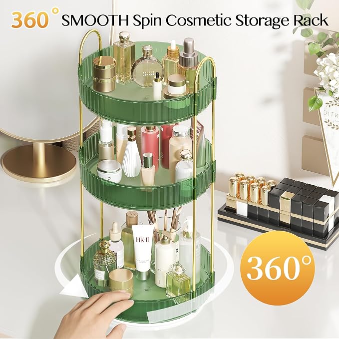 Rotating Makeup Organizer Countertop, 3 Tier, Green | Skincare Organizers, Spinning Perfume Tray Stand, Makeup Storage Organizer for Vanity, Bathroom Organizer, Lazy Susan