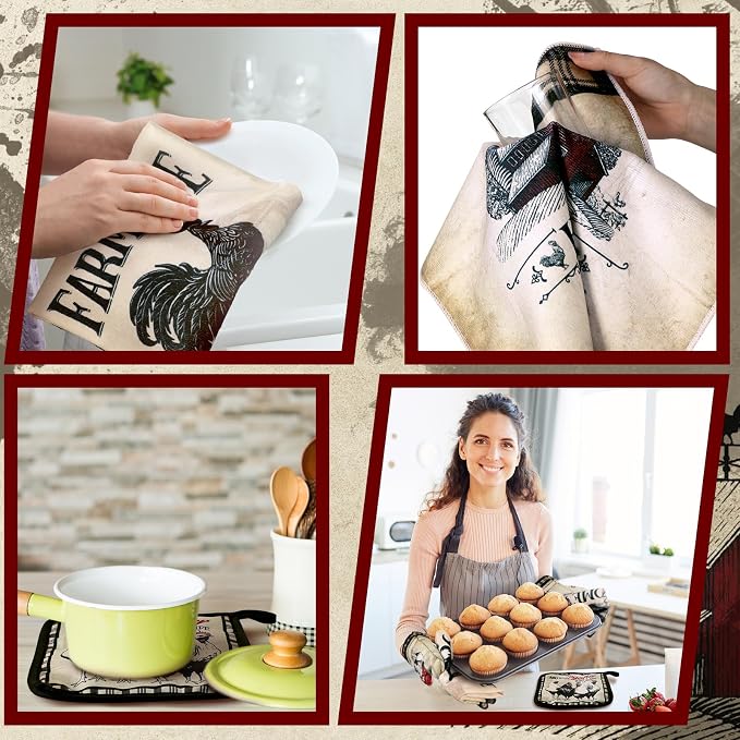 Leinuosen 6 Barn Farm Farmhouse Kitchen Decor Dish Towels Oven Mitts and Pot Holders Sets Chicken Kitchen Towels Absorbent Decorative Accessories for Cooking Baking Grilling