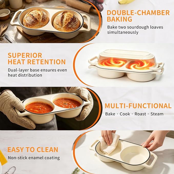 Premium Double Dutch Oven for Artisan Sourdough Bread 500°F Oven Safe | Bake 2 Loaves at Once/Bakery-Style Crust Every Time/Premium Cast Iron Heating/3-Layer Enamel Protection