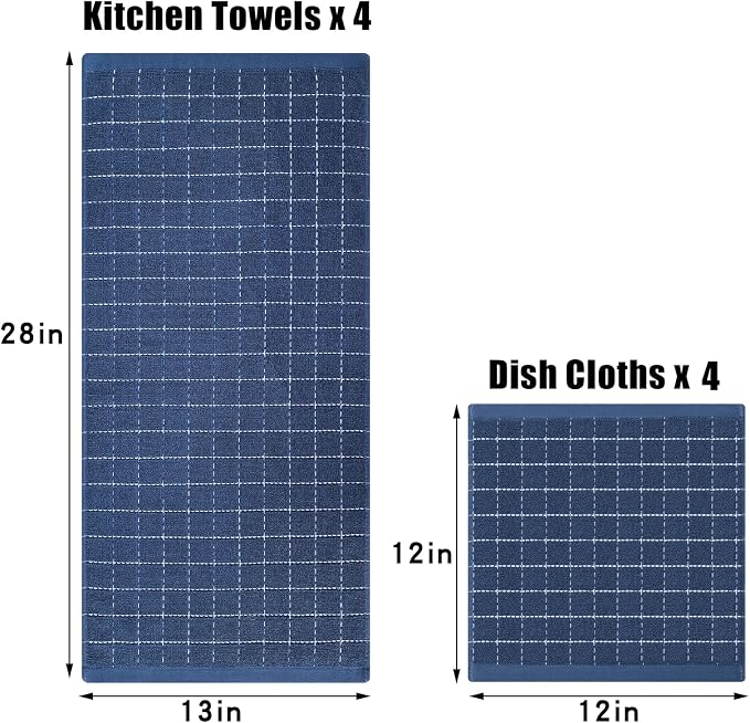 Homaxy Kitchen Towels and Dishcloths Set, Set of 8, Navy Blue | Bulk Cotton Terry Kitchen Towels, Checkered Designed, Soft and Super Absorbent Dish Towels, 12 x 12 and 13 x 28 Inches