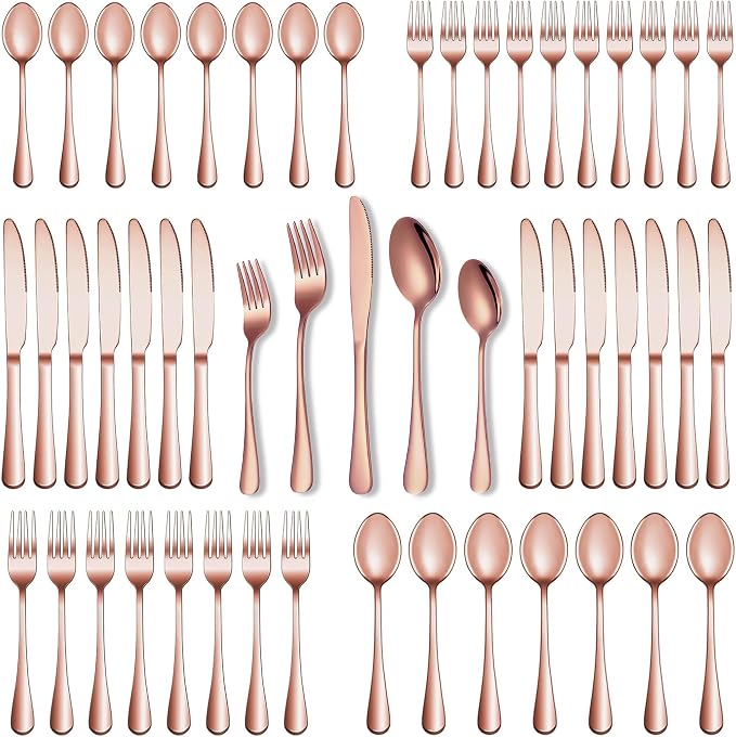 Runfly 40-Piece Rose Gold Flatware Set, Stainless Steel Cutlery Set for 8 | Mirror Polished Durable Utensil Set Includes Knife Fork Spoon for Home Kitchen Restaurant Tableware