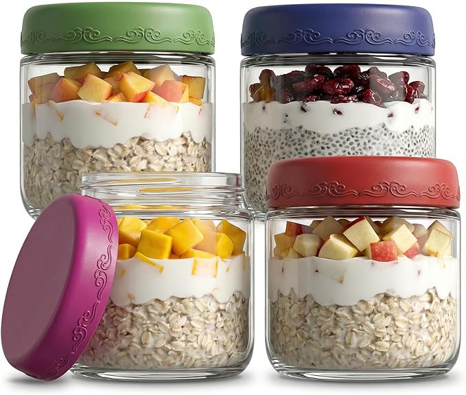 10 OZ 4Pack, Overnight Oats Jars with Lids, Glass Meal Prep Containers, Airtight Mason Jars for Breakfast, Yogurt Parfait, Salad & Smoothies, Leakproof and Reusable Food Storage Jars(4-1)