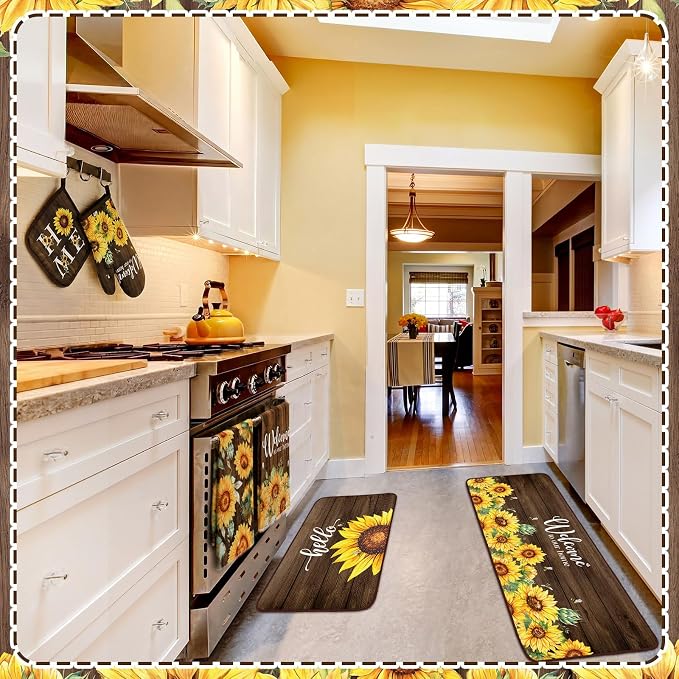 Fourluoo 10 Pcs Sunflower Kitchen Set Kitchen Towels and Rugs Mats Oven Mitts and Pot Holders Sets Brown Woodgrain Decor for Cooking Baking Grilling Gift