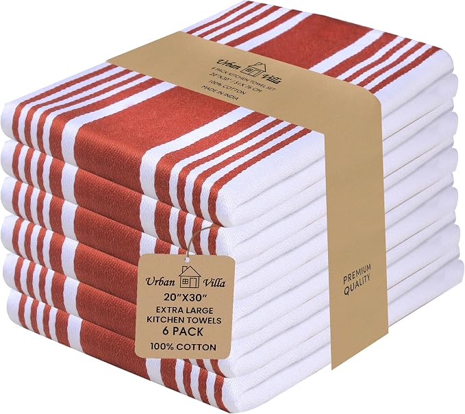 Urban Villa Kitchen Towels Cotton Dish Towels 20”x30” (Set of 6) Rust White