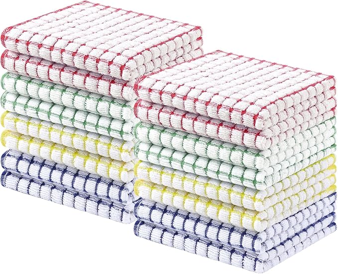 Homaxy 16 Pack Terry Kitchen Dish Cloths, 12"x12", Blue/Yellow/Red/Green | Super Soft and Absorbent Dish Rags, Quick Drying Reusable Dish Towels for Washing Dishes