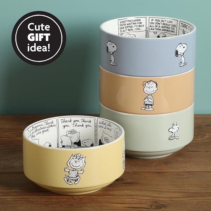 Peanuts Snoopy Bonbon Bites 4-Piece 5.5-Inch Decorated Stoneware Ceramic Stackable Bowl Set, Microwave & Dishwasher Safe Snack and Dessert Bowls
