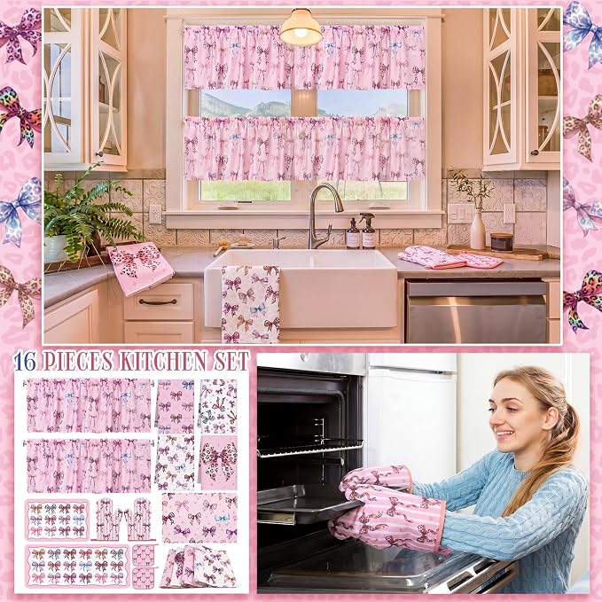 Fourluoo 16 Pcs Pink Leopard Kitchen Decor Set 4 Pink Kitchen Towels 2 Non Slip Rugs and Mats for Floor 2 Oven Mitts Gloves 2 Pot Holders 4 Placemats 2 Curtains for Home Decoration Women Gift