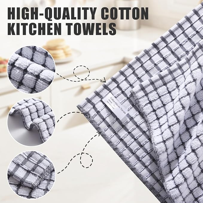 Mordimy Premium Cotton Kitchen Towels 16"x 25", Grey Check Design, 8 Pack | Super Absorbent Terry Kitchen Hand Towels, Large Natural Ring Spun 360 GSM Dish Towels, Soft Tea Towels with Hanging Loop