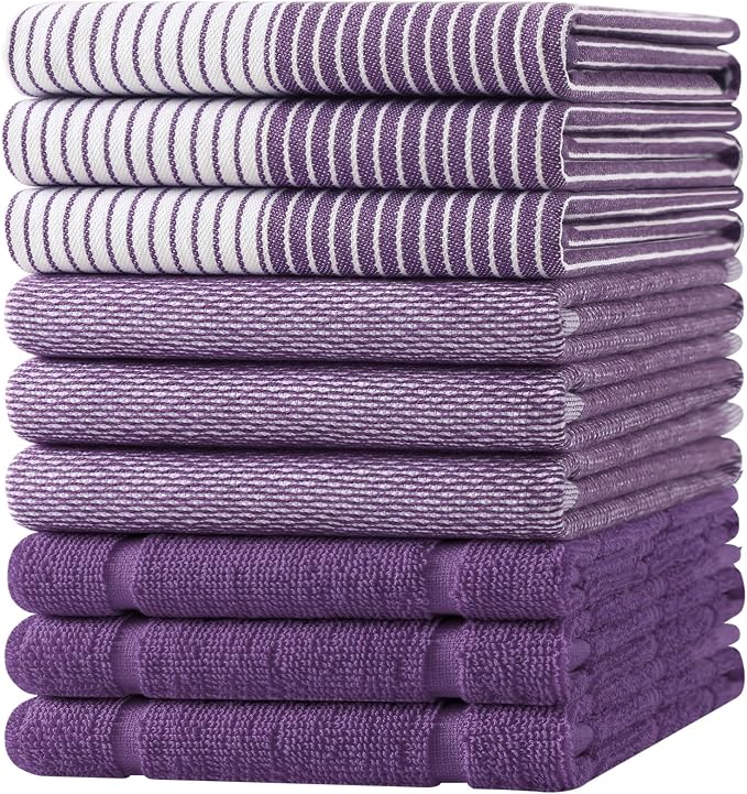 Homaxy 9 Pack Cotton Terry Premium Kitchen Towels, 18 x 28 in, Purple | Large 380 GSM Dish Towels, Highly Absorben Flat & Terry Kitchen Hand Towels, Soft Utility Tea Towel Set with Hanging Loop