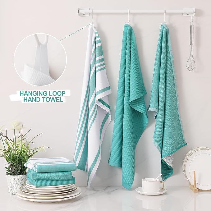 Homaxy Cotton 380 GSM Premium Kitchen Towels, 18"x 28", 3 Pack, Teal | Soft and Absorbent Terry Dish Towels, Multipurpose Tea Towel Set with Hanging Loop, 3 Styles Kitchen Hand Towels