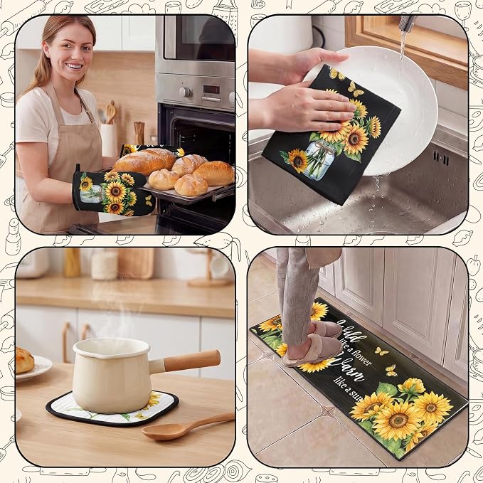 10 Pcs Kitchen Decor and Accessories Set, Sunflower | Floral Farmhouse 4 Dish Towels Kitchen Rugs 2 Oven Mitts 2 Pot Holders, Home Decor for Cooking Baking BBQ Housewarming