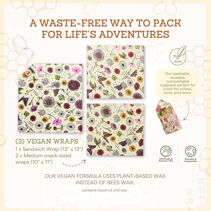 Bee's Wrap Vegan Beeswax Food Wraps, 2 Medium & Sandwich Pack, Meadow Magic | Organic Plant Based Wraps - Plastic Free - Reusable Food Storage - Lunches & Leftovers - Made in USA