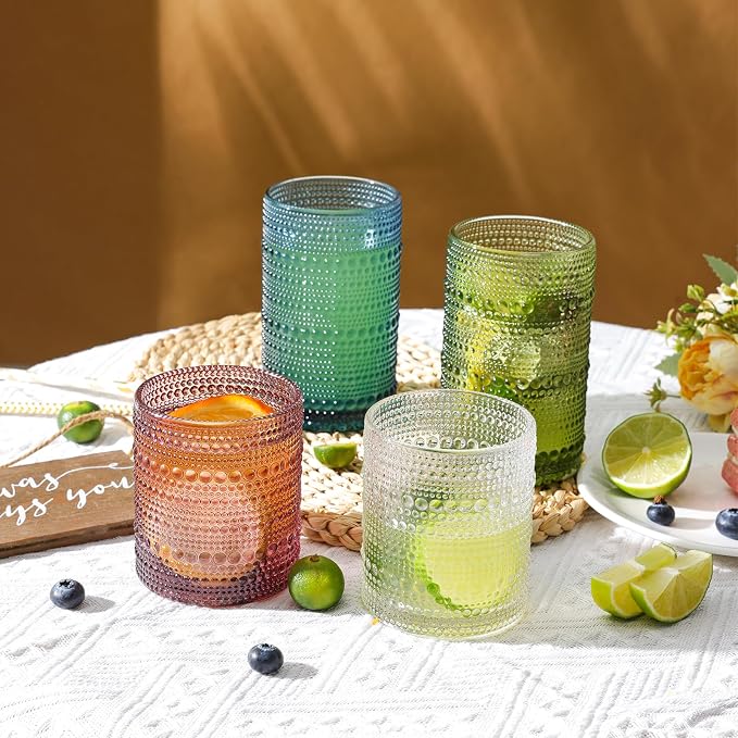 Moretoes Colored Hobnail Drinking Glasses Set of 12,Vintage Glass Cups | Mixed Glassware, 6pcs 12oz Highballs and 6pcs 10oz Old Fashioned Glasses, Great for Cocktail, Whisky and Other Beverages