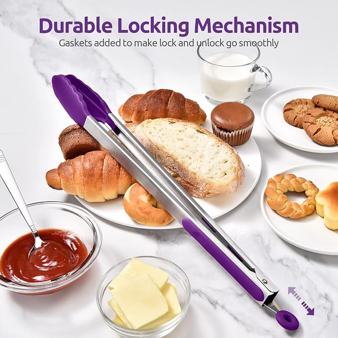 U-Taste Kitchen Tong for Cooking, 600ºF Heat-Resistant Tps, 16in/Purple | Extra Long BBQ Tongs, Large Tong for Grilling/Grabbing, Big Thong with Nonstick Silicone Tps & 18/8 Stainless Steel Handle
