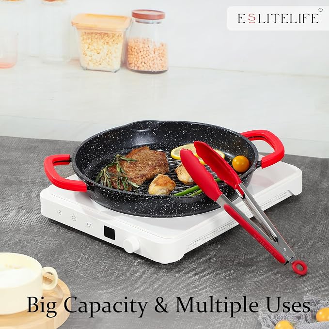 ESLITE LIFE Nonstick Grill Pan with Lid & Tongs for Stove Tops, 11 Inch Versatile Round Big Grilling Steak Pan with Pour Spouts for Indoor & Outdoor Cooking, PTFE & PFOA Free, Black