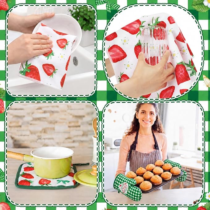 Fourluoo 10 Pcs Strawberry Kitchen Decor Set Dish Towels Rugs Oven Mitts and Pot Holders for Cooking Baking Grilling Women Mom Gift