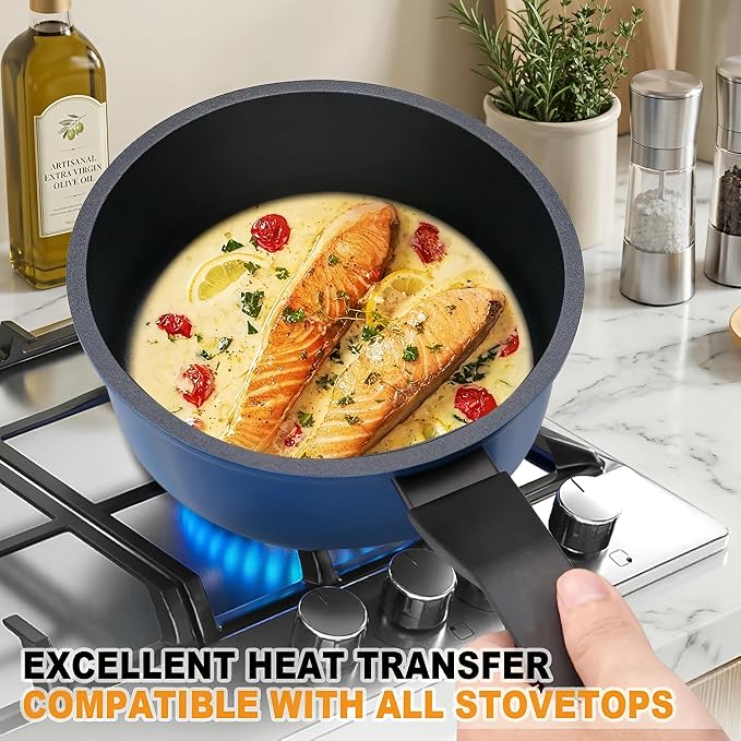 Nonstick Sauce Pan with Lid,1.5QT small pot, PFOA Free,Kitchen Pots Induction Pot,Blue