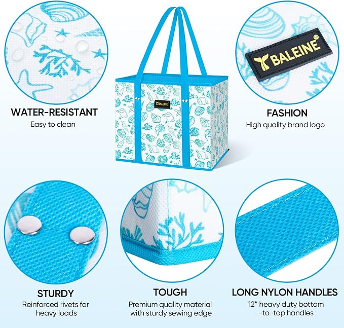 BALEINE 3PK Reusable Grocery Bags, Heavy Duty Shopping Tote Bag | 12'' Long Handles, Reinforced Bottom Keeps Upright, Fold Flat Storage, Water-Resistant Shopping Bag, Multiple Color Options