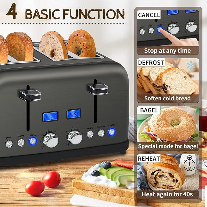 SEEDEEM Toaster 4 Slice, LCD Display, 6 Shade Settings, 1.5'' Wide Slots, Digital Stainless Toaster for Bagel, Defrost, Reheat, Dual Control, Removable Crumb Tray, 1500W, Dark Metallic