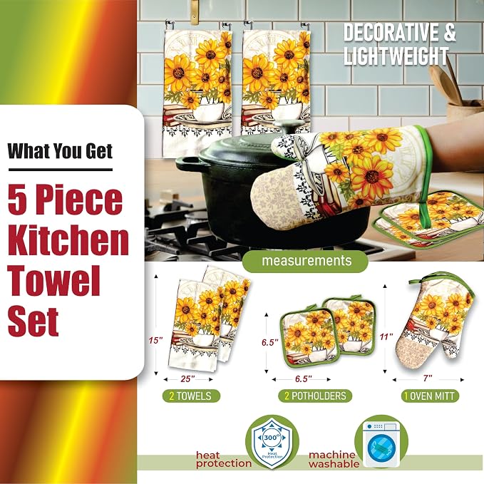 Bright Sunflower5 Piece Kitchen Towel Set | Kitchen Towel Set with 2 Decorative Dish Towels (25 X15), 1 Oven Mitt (11 X 7) and 2 Potholders (6.5 X 6.5)