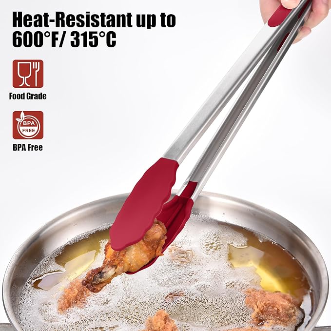 Doosu Kitchen Tongs with Silicone Tips for Cooking Serving (16in, Red) | 600°F Heat Resistant Food Tong, Heavy Duty Stainless Steel Locking Tong for BBQ, Grilling Steak, Salad, Toast, Pasta