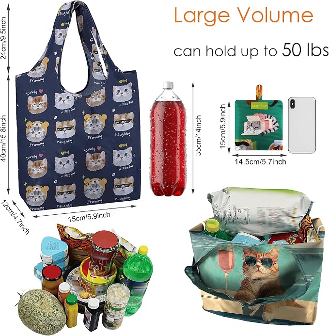 BeeGreen Cat Reusable Shopping Bags Cute Grocery Bag 6 Pack, Christmas Gift Bags Heavy-Duty Foldable Shopping Totes for Supermarket, Work & Travel, Large Washable Polyester Tote Bag with Handles