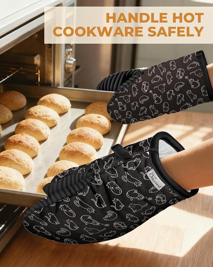 100% Thick Cotton Oven Mitts Ribbed Soft Silicone Cute Cats | Aesthetic Oven Mitts for Women, Machine Washable Non-Slip Kitchen Mitts, Reversible for Both Hands, Stylish Kitchen Decor