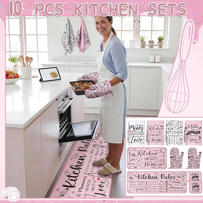Fourluoo 10 Pcs Pink Kitchen Decor Oven Mitts and Pot Holders Sets Pink Dish Towels Vintage Kitchen Rugs and Mats for Home Wedding Farmhouse Decorations Baking Cooking Birthday Gifts Accessories