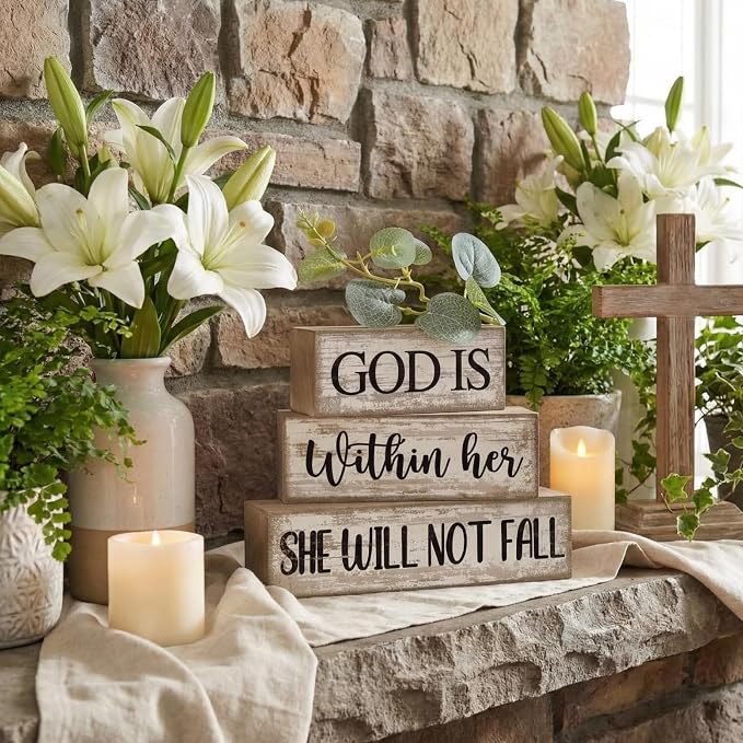 Lineshading 4 Pcs Wooden Blocks Christian Faith Signs for Women Home | Bible Verse Blocks, Rustic Stacked Design, Desk Tiered Tray Decor, Farmhouse Gifts Women, Inspirational Home Accents