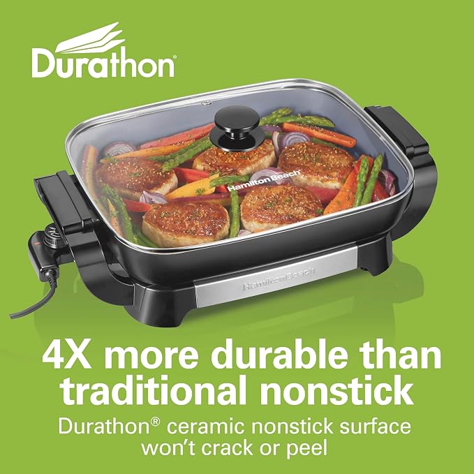 Hamilton Beach Large Electric Skillet With Lid | PFAS-Free Durathon Ceramic 12" x 15” Removable Pan | Adjustable Temperature | Reversible Design | Black Non-Stick Surface