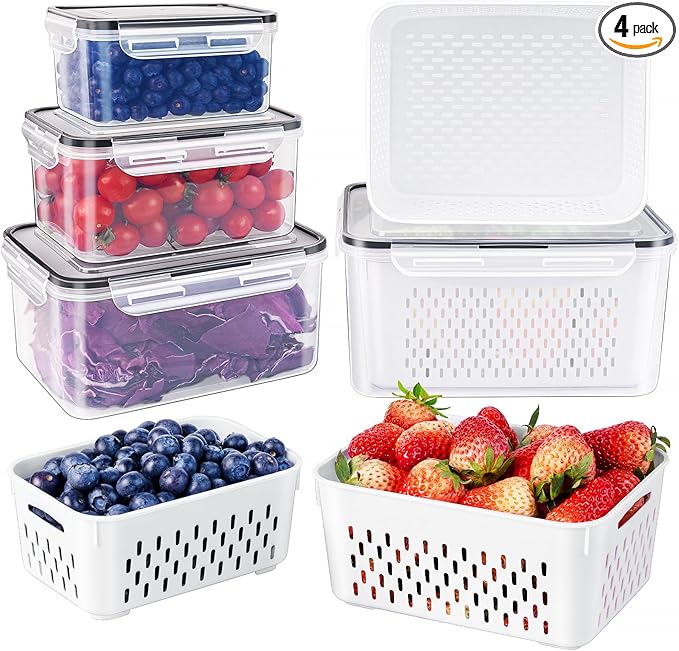 Fruit Storage Containers for Fridge with Removable Colander 4 PCS | Airtight Food Storage Container Dishwasher Safe Produce Saver for Refrigerator Keep Berry Fruit Fresh Longer Small Clear