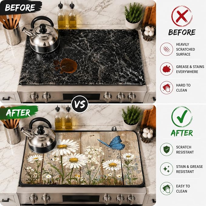 Electric Stove Top Cover for Glass Top, Daisy Butterfly Floral – Heat Resistant Flat Stove Top Covers, Decorative Scratch Protector Mat for Glass Ceramic Cooktop, Non-Slip, 28"x20"