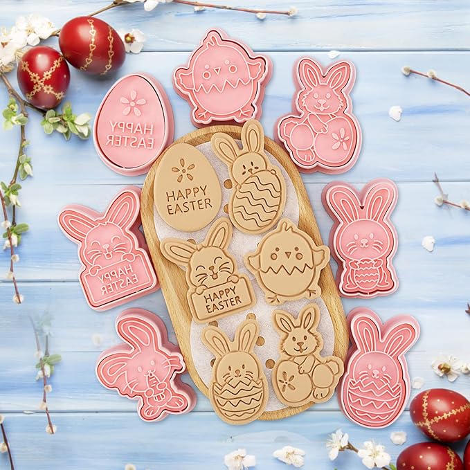 Easter Cookie Cutters Set, 8 Pcs Cookie Cutter with Plunger Stamps | 3D Cookie Stamps for Easter Biscuit Snacks Cheese Baking, Different Shapes, Rich Details and Textures