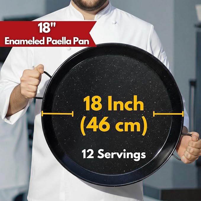 Paelluxe Paella Pan Enameled No-Rust Steel Skillet - 18 Inch, 12 Servings | Outdoor Propane Burner Only - Too Wide for Kitchen Stoves & Ovens. 1.2mm Carbon Steel, Easy-Clean Enamel, Handle Holders