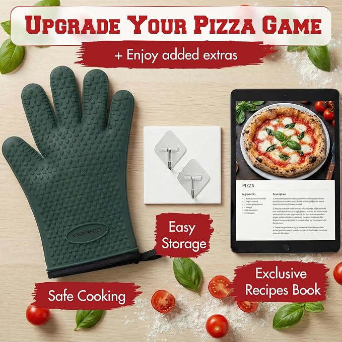 KITCHEN PERFECTION XL Silicone Pizza Oven Gloves Heat Resistant Oven Mitts | Waterproof, 5-Finger Design For A Better Grip, for Outdoor & Indoor Pizza Ovens, Compatible with Ooni, Ninja, Gozney & More