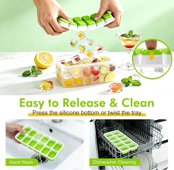 Ice Cube Tray with Lid and Bin - 4 Pack Molds Space-Saving Ice Bucket Kit | Stackable Silicone Trays for Freezer, for Whiskey, Cocktails, Coffee, Juice, Soda, Kitchen & RV