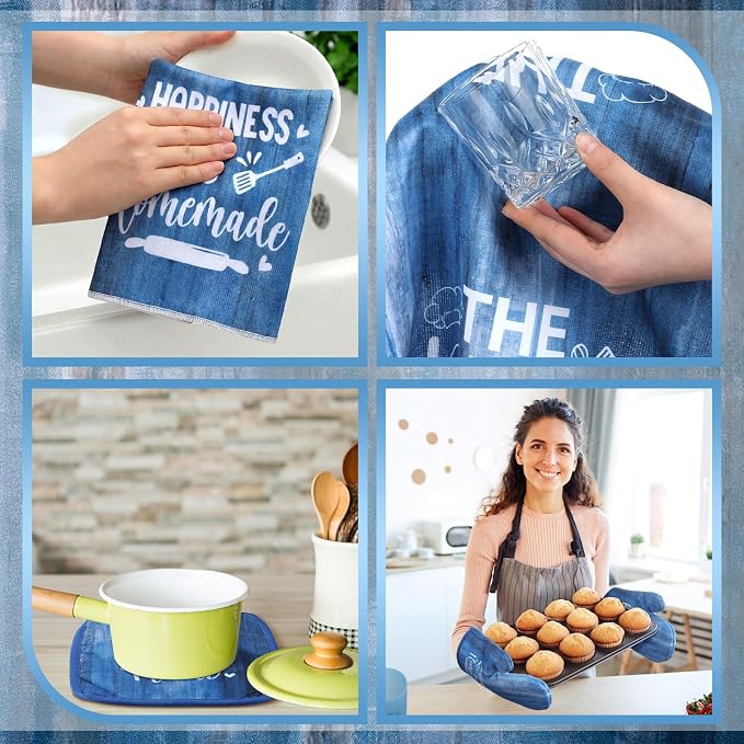 Leinuosen 8 Pcs Farmhouse Kitchen Decor Towels and Oven Mitts Sets Pot Holders Dishcloths Set Kitchen Decorative Accessories Absorbent Potholders Heat Resistant for Chef Baking Cooking