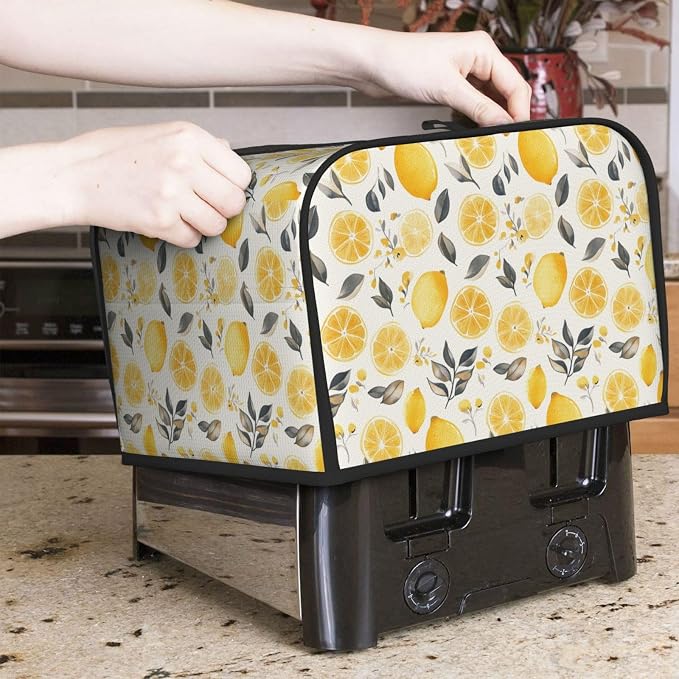 4 Slice Toaster Cover Lemon Watercolor Fruit Dust Proof Washable Kitchen Appliance Cover with Pocket, Oxford Fabric Countertop Toaster Protector for Standard Toasters Small Appliances