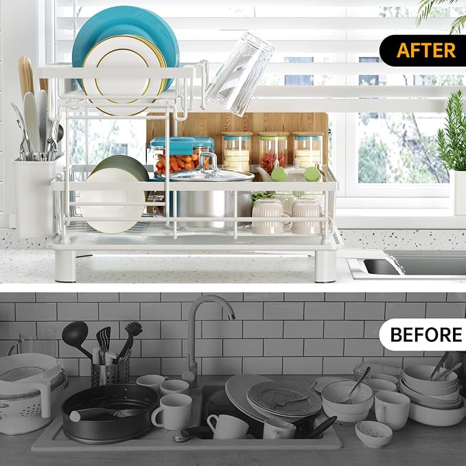 Large 2 Tier Detachable Dish Drying Rack for Kitchen Counter,White | Compact Dish Drainer, Rust-Resistant Dish Rack with Drainboard, Utensil Holder, Cup Holder for Small Space,Kitchen Organizer