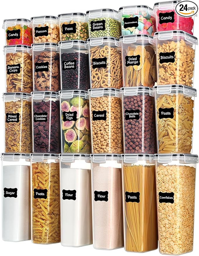 Airtight Food Storage Containers with Lids, Vtopmart 24 pcs Plastic Kitchen and Pantry Organization Canisters for Cereal, Dry Food, Flour and Sugar, BPA Free, Includes 24 Labels，Black | For Cereal Pasta Snack Flour Sugar, BPA Free, Airtight Seal, Multi...