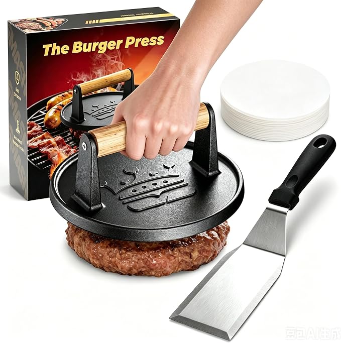Smash Burger Press 6.5"& Spatula Set 20pc Baking Paper,Gift for Men | 2lb Heavy-Duty Grill Bacon Meat Press with Wood Handle,Nonstick hamburger Smasher for griddle accessories,BBQs and Tailgates