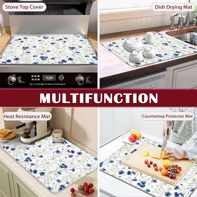 Daisy Electric Stove Top Cover Protector,Blue Cornflower Glass Flat Top Stove Mat,Heat-Resistant Oven Induction Cooktop Mat for Ceramic Countertop Mats Dish Drying Mat