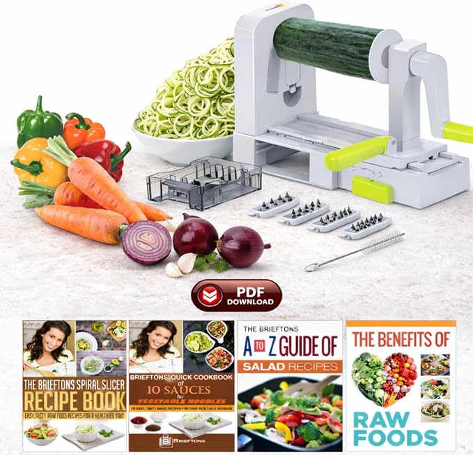 Brieftons QuickFold 5-Blade Spiralizer: Compact Foldable Manual Vegetable Spiralizer & Zucchini Noodle Maker, 5 Japanese Stainless Steel Blades, Spaghetti Maker for Potatoes, Keto Paleo Gluten-Free