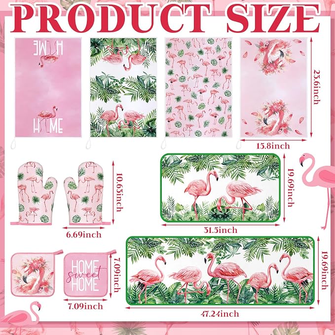 Fourluoo 10 Pcs Flamingo Kitchen Dish Towels Rugs Oven Mitts and Pot Holders Set Farmhouse Kitchen Decor Set for Women Mom Daughter Gift Cooking Baking Grilling(Cute Pink)