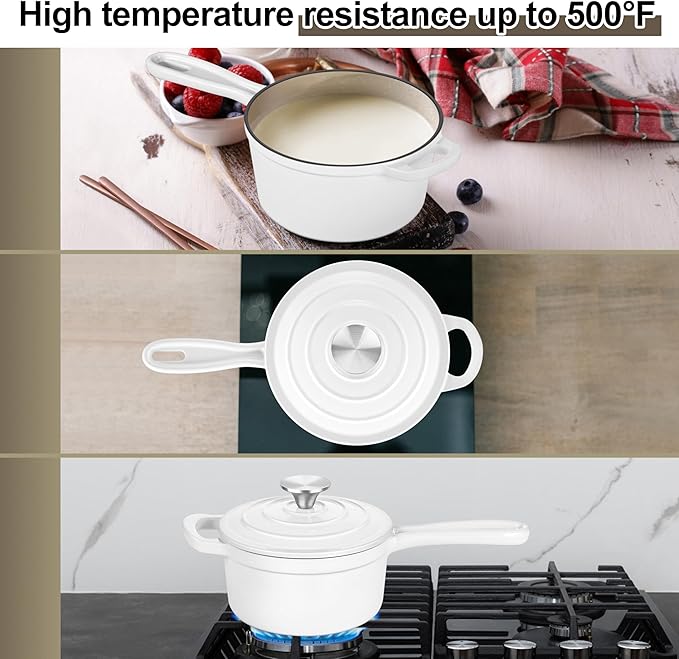 Leonyo 1QT Enameled Cast Iron Saucepan with Lid, Pasta Cookware Pot, White | For All Cooktops Cooking Pasta, Soup, Egg, Up to 500°F & 4.4Lbs