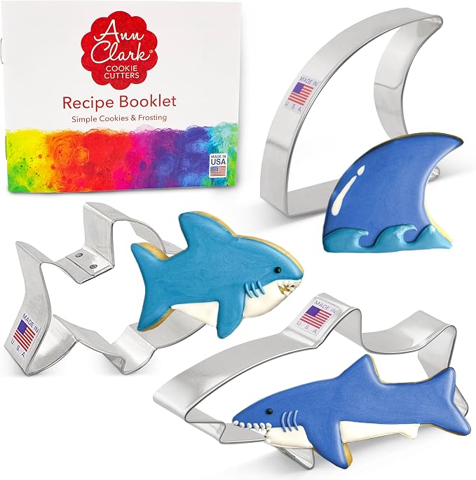 Ann Clark Shark Cookie Cutter Set of 3, Made in USA | Includes Large and Small Shark & Fin, Perfect Size and Shape, America's Largest Cookie Cutter Maker, Food-Safe American Steel