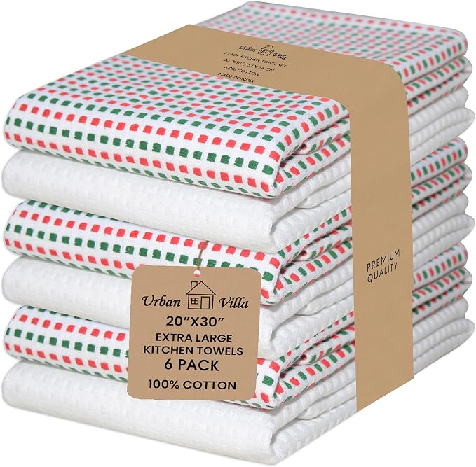 Urban Villa Kitchen Towels Cotton Dish Towels 20”x30” (Set of 6)Red/Grn/Wht